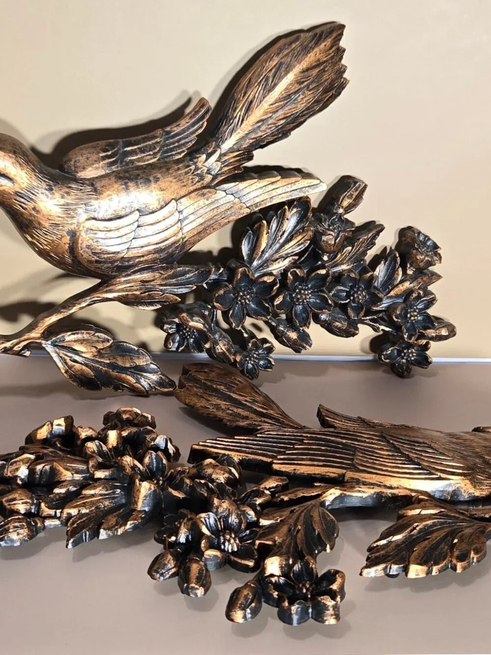 1970s Gold Bird Wall Plaques, Coppercraft Guild Branch Sculptures, MCM NOS